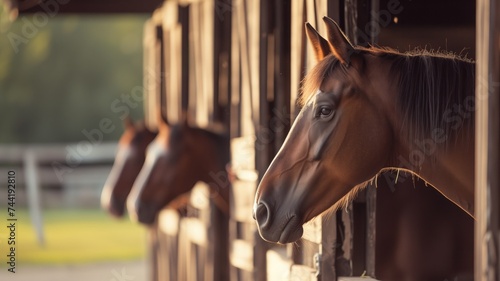 Horses peeking out of stable windows