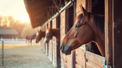 Horses peeking out from stable windows at sunset photo