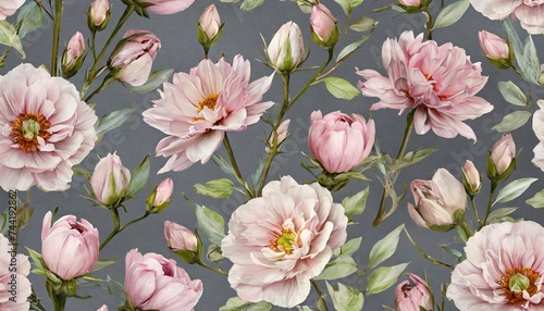 floral seamless pattern painted light pink flowers and buds on grey background