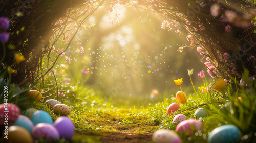 Beautiful arch in a fantastic magic forest or secret garden with colorful Easter eggs in green grass