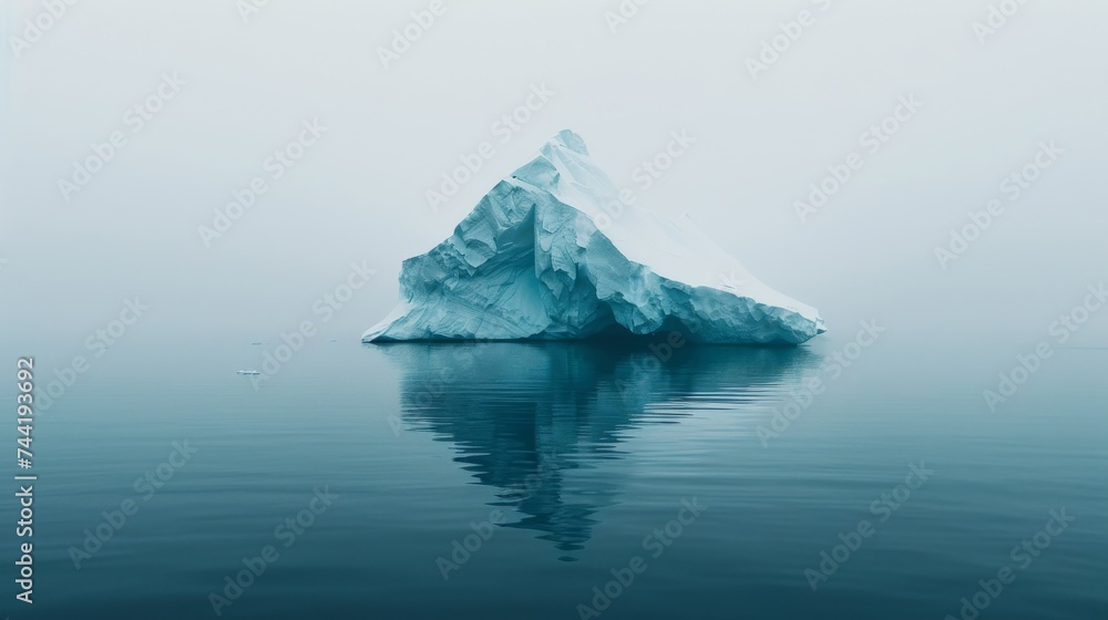A solitary iceberg stands tall amidst the serene waters, a testament to the raw power and beauty of nature in the arctic, its glacial form reflecting the foggy mountain landscape