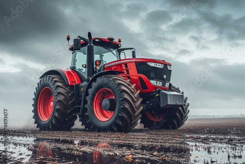 A bold red tractor plows through the muddy field under the vast sky, its powerful tires churning up the ground as it transports essential agricultural machinery to the hardworking farm
