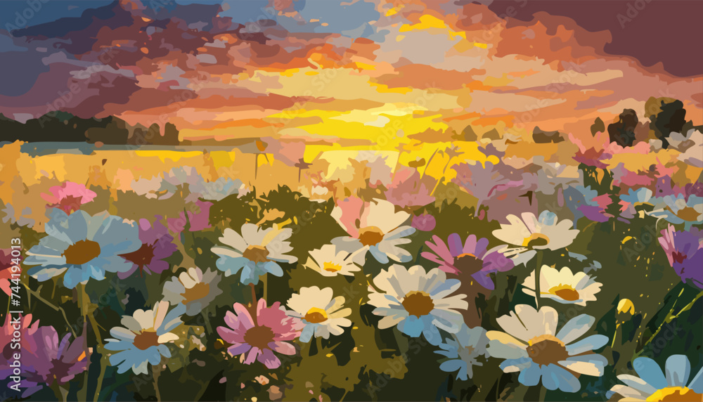 Landscape with flowers in the sunset