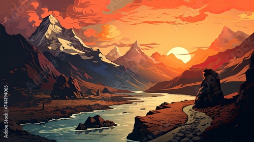 Nepal mountains, spectacular view, vibrant illustration, nature wallpaper, travel and Everest climbing concept