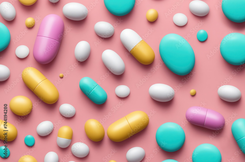 Assorted Medication Pills on Colorful Background