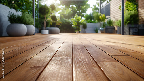 a modern terrace on wooden wood flooring, in the style of naturalistic cityscapes, photo-realistic landscapes © thisisforyou