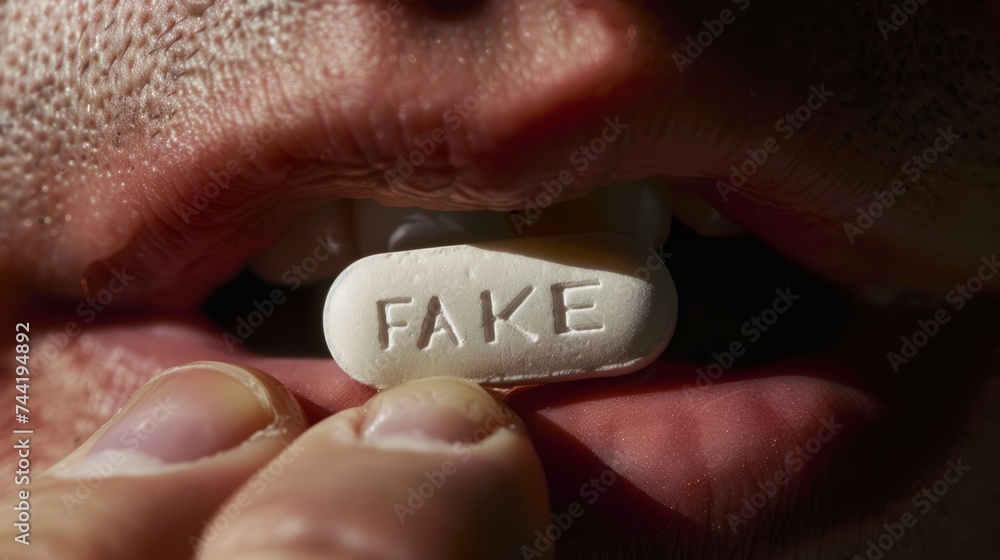 Pill Marked 'FAKE' Held by Lips - Exposing the Threat of Counterfeit Medicines Pill Marked 'FAKE' Held by Lips - Exposing the Threat of Counterfeit Medicines