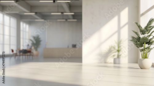 Blurry view of a bright office space with large windows and potted plants  for architecture  design  or real estate.