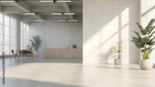 Blurry view of a bright office space with large windows and potted plants, for architecture, design, or real estate.