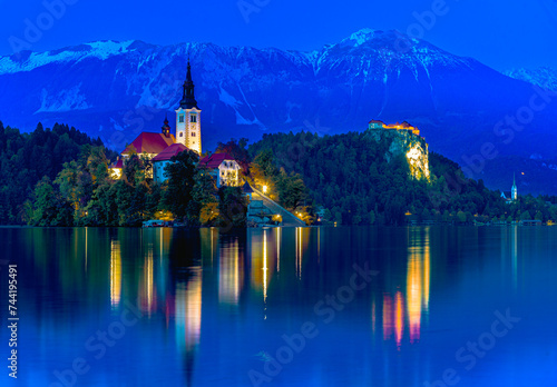 Bled, Slovenia. Sunset view of Bled Lake, island and church with Julian Alps in background