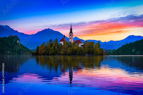 Bled, Slovenia. Morning view of Bled Lake, island and church with Julian Alps in background