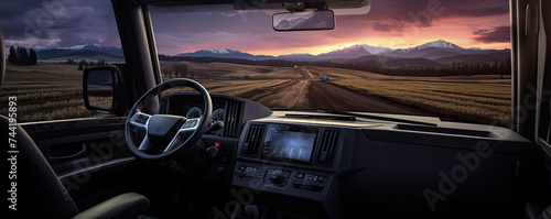 Beautiful view from driver luxury car seat. Evening sunset panorama from car window. © Michal