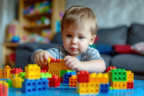 Pensive toddler boy playing with colorful children's construction set indoor. Children's games and childhood