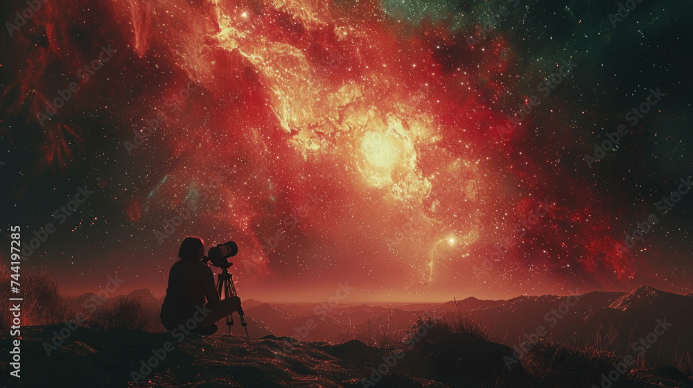Intergalactic View: Telescope and Galaxy on Indigo