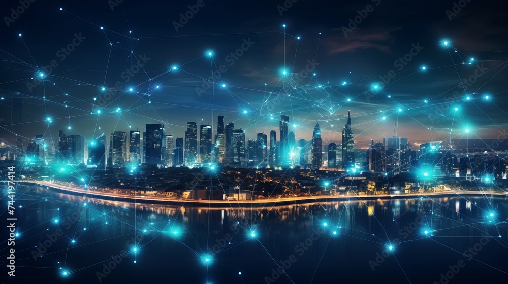 Abstract futuristic night city with dots and line connection. Concept for IOT, smart city, speed connection and intelligent network