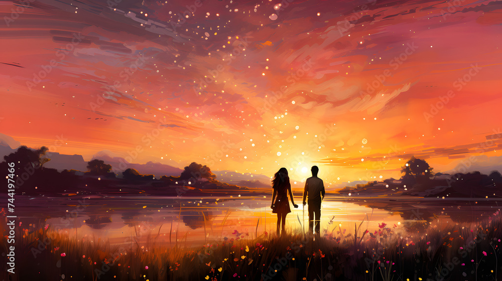 Fototapeta premium silhouetted young couple watching sunset in the field
