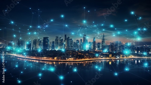 Abstract futuristic night city with dots and line connection. Concept for IOT, smart city, speed connection and intelligent network