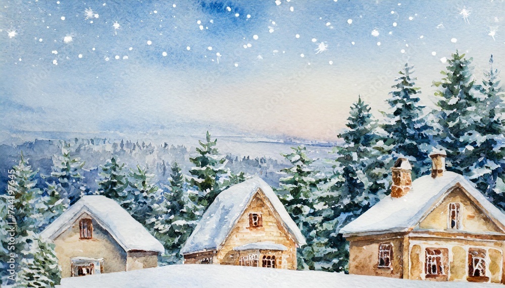 vintage christmas new years greeting card with winter scene in countryside watercolor illustration houses rooftops covered with snow fir trees calm magical mood