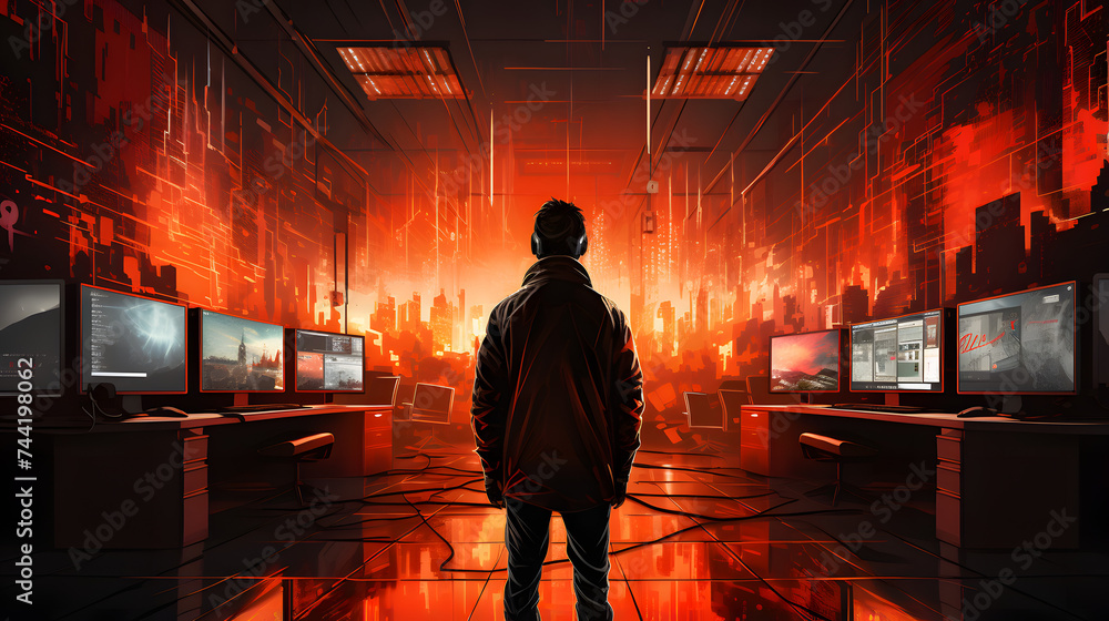 young man standing in a modern computer laboratory