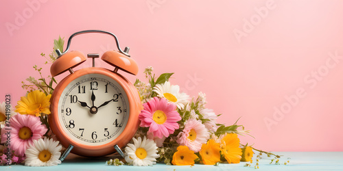 vintage alarm clock and flowers 