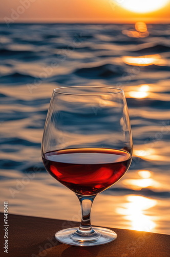 Red Wine Glass Against Ocean Sunset © dashtik