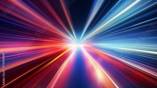 Abstract speed motion in urban highway road tunnel, blurred motion toward the light. Computer generated colorful illustration. Light trails, fiber optics technology background