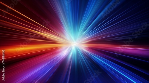 Abstract speed motion in urban highway road tunnel, blurred motion toward the light. Computer generated colorful illustration. Light trails, fiber optics technology background