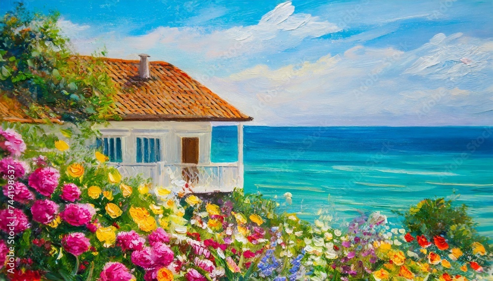 oil painting house near the sea colorful flowers summer seascape - obrazy, fototapety, plakaty 