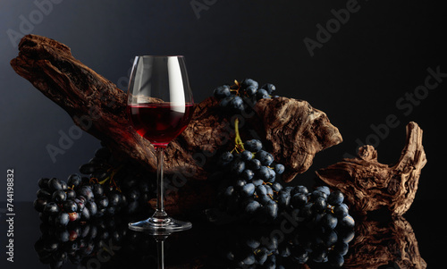 Glass of red wine with an old snag and blue grapes.