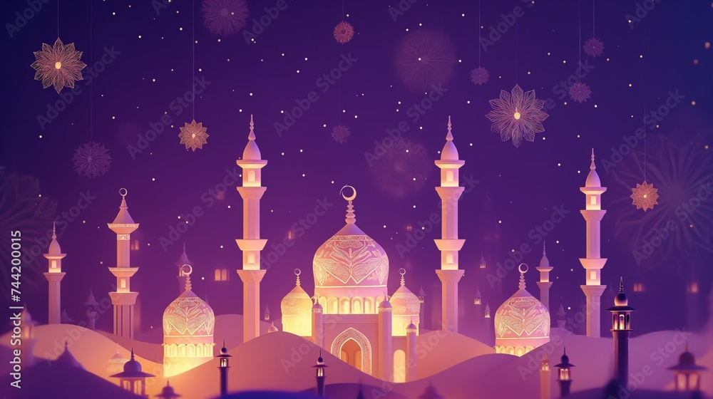 Ramadan decoration for muslim people, in the style of traditional animation, purple and beige, animated shapes, minimalist backgrounds, colorful animation stills, delicate ink lines. - obrazy, fototapety, plakaty 