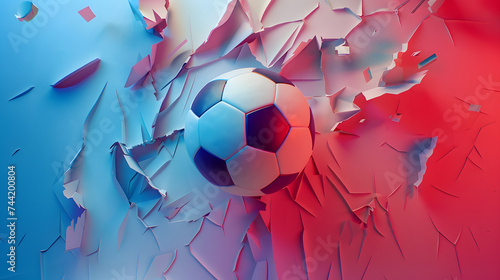 Dynamic Soccer Ball Bursting Through Colorful Abstract Wall photo