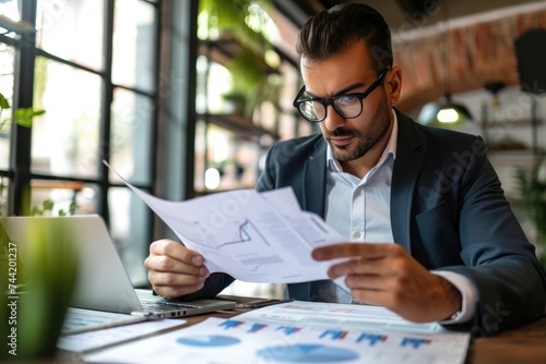 A man is quietly sitting at a table, engrossed in reading a piece of paper, Focused businessman examining a detailed business report, AI Generated