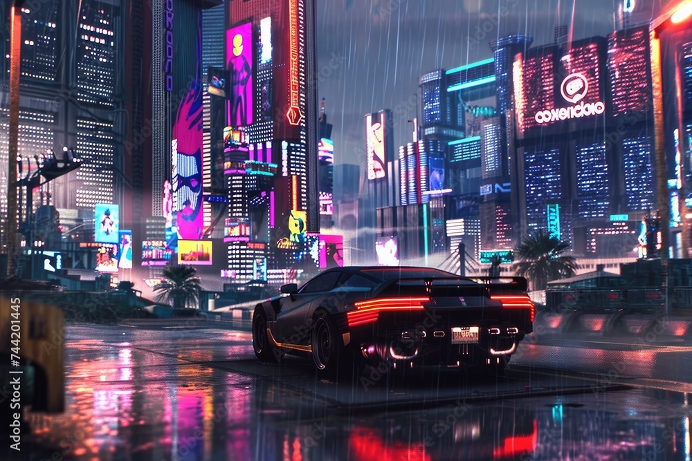 A car is seen navigating through the rain-soaked streets of a bustling city, Fully automated, neon-lit, futuristic metropolis filled with hovering cars, AI Generated