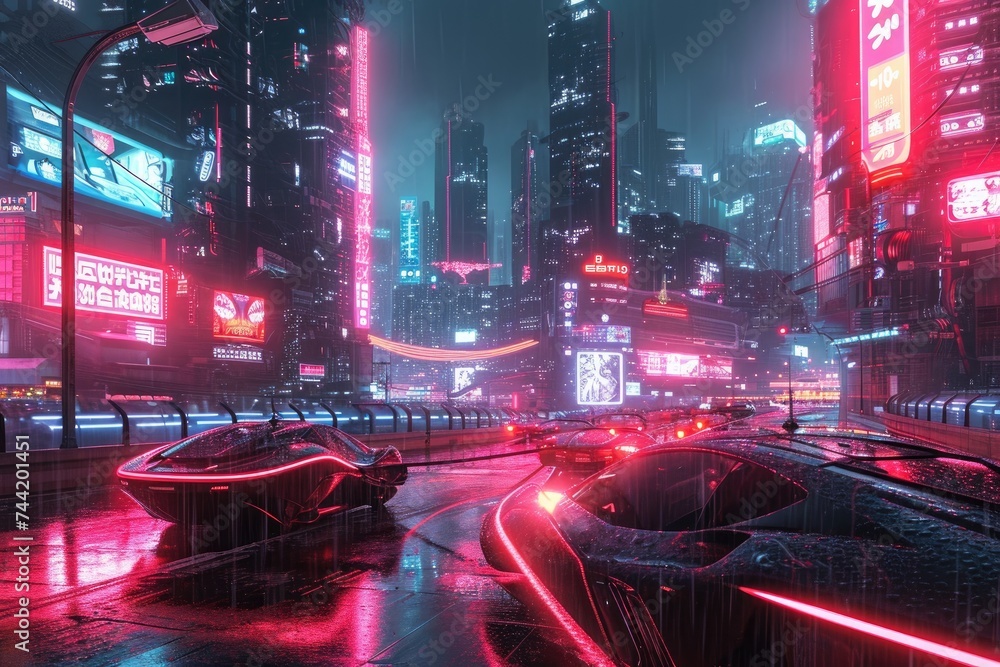 A Futuristic City at Night With Neon Lights, Fully automated, neon-lit, futuristic metropolis filled with hovering cars, AI Generated