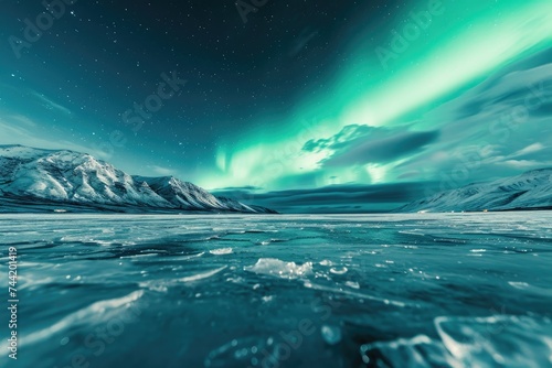 A dynamic display of a green and blue aurora illuminating the night sky with its swirling colors, Frozen arctic tundra under the Northern Lights, AI Generated photo