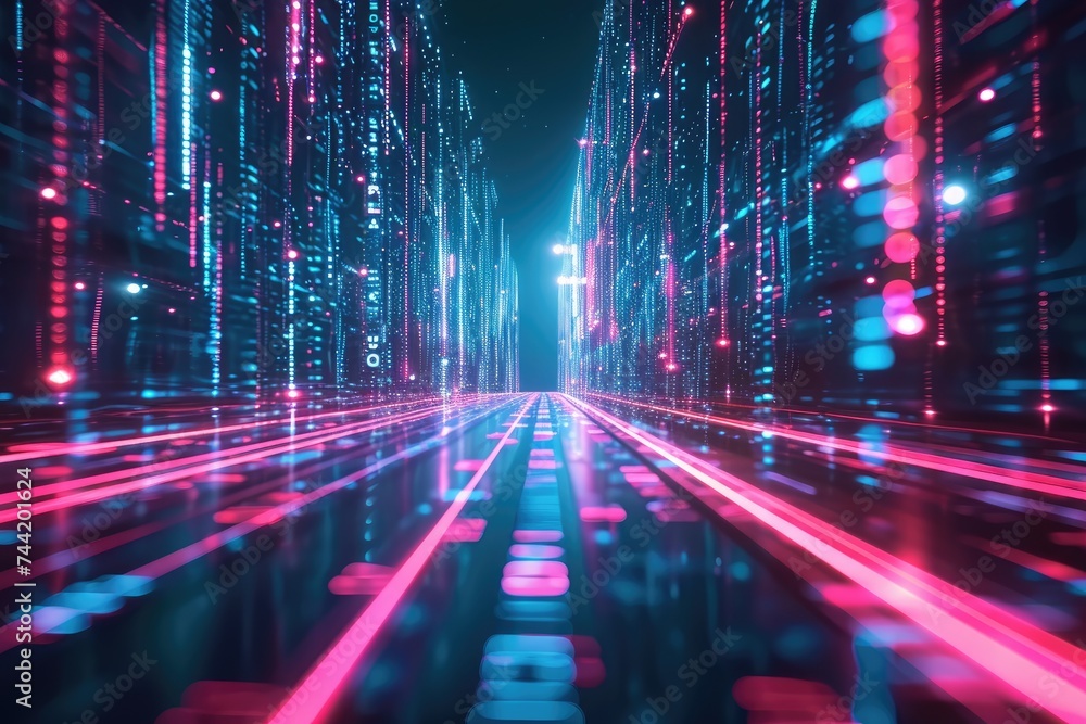 Obraz premium A Vibrant Metropolis Illuminated by Neon Lights, Futuristic data streaming background with glowing neon lights, AI Generated