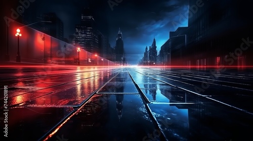 Dark street  reflection of neon light on wet asphalt. Rays of light and red laser light in the dark. Night view of the street  the city. Abstract dark blue background