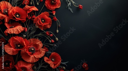 Red poppies on a dark background with copy space
