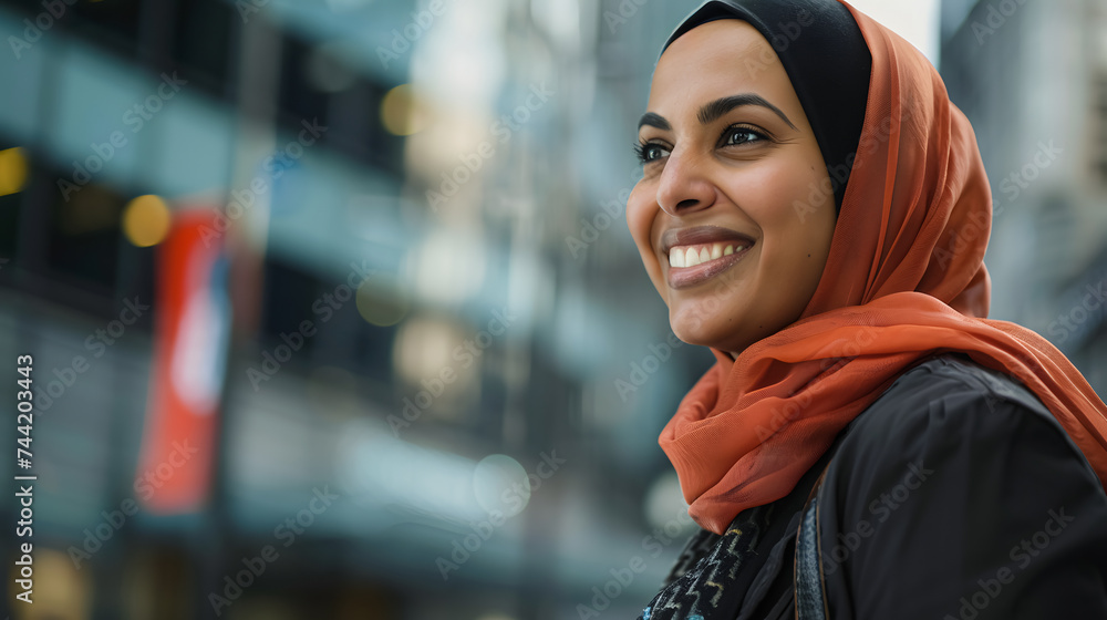 muslim woman walking through the city to her work having a great lifestyle muslim woman walking through the city to her work having a great lifestyle