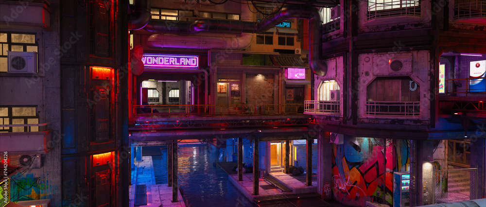 Futuristic cyberpunk city downtown urban area with river flowing under buildings. 3D render.