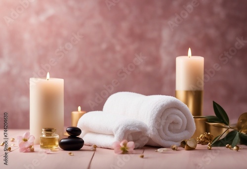Beauty treatment items for spa procedures on pink wooden table and gold marble wall massage stones and white towels Marble Stone Therapy Benefits of Hot Stone Massage
