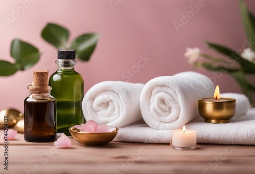 Beauty treatment items for spa procedures on pink wooden table and gold marble wall massage stones White towels aromatherapy concept Benefits of Hot Stone Massage