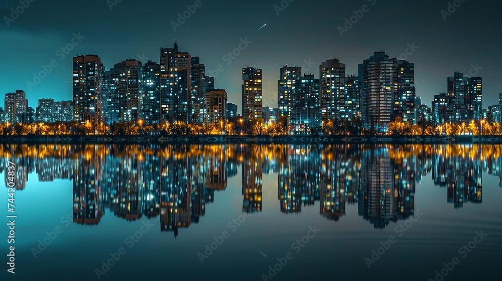 A stunning metropolis reflected in the shimmering waters of the lake, with towering skyscrapers illuminating the night sky and creating a mesmerizing cityscape