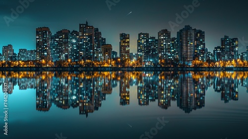 A stunning metropolis reflected in the shimmering waters of the lake  with towering skyscrapers illuminating the night sky and creating a mesmerizing cityscape