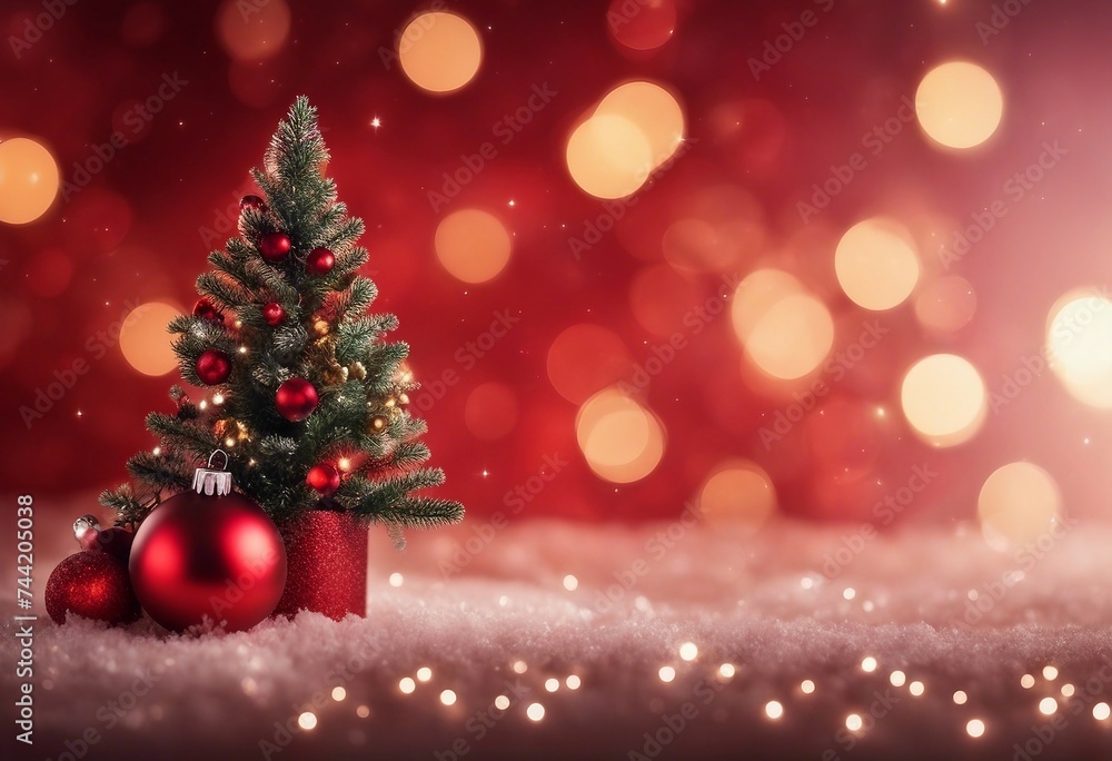 Christmas background with xmas tree and sparkle bokeh lights on red canvas background Merry christmas copy space for your postcard