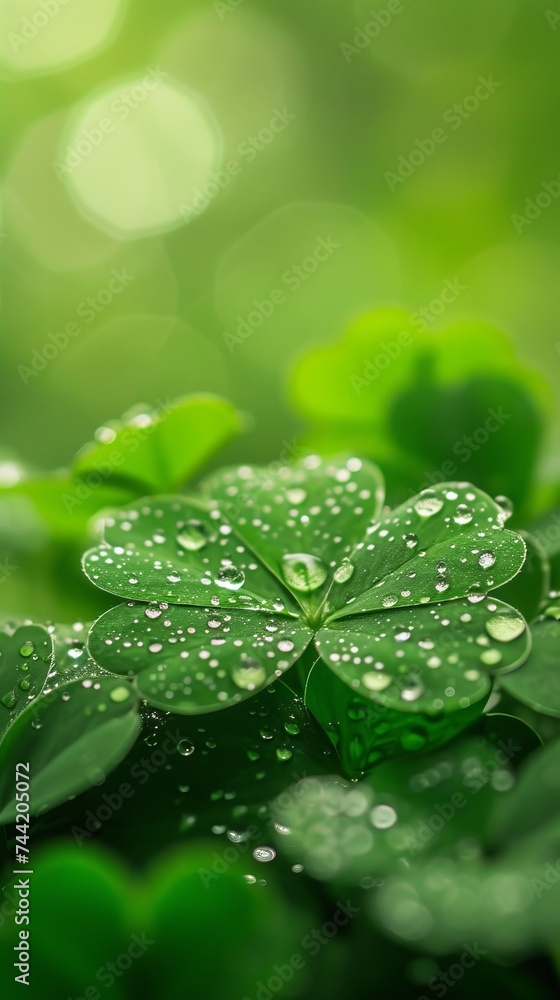 Close-up of shamrock leaves with morning dew, Saint Patrick's Day, freshness in nature, macro, copy space Close-up of shamrock leaves with morning dew, Saint Patrick's Day, freshness in nature, macro, copy space