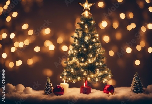 Christmas background Xmas tree with snow decorated with garland lights holiday festive background Winter season 