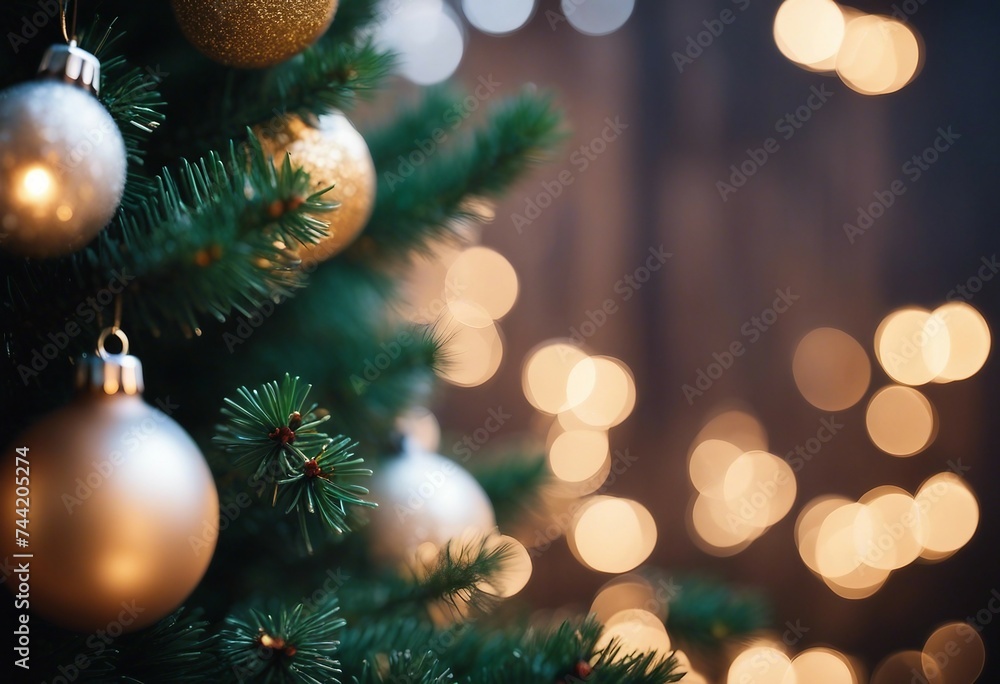 Christmas Tree With Golden Baubles And Blurred Shiny Lights Close up Christmas Tree With Golden Baubles And Blurred Shiny Lights Close up