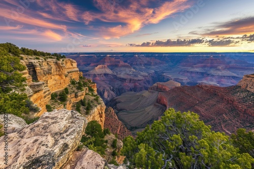This photo showcases the stunning beauty of the Grand Canyon at sunset, highlighting its vast expanse and colorful rock formations, Grand canyon under a twilight sky, AI Generated