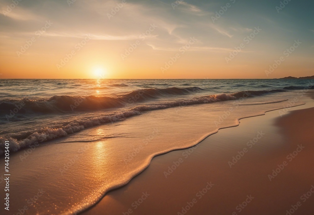 Closeup sea sand beach Panoramic beach landscape Inspire tropical beach seascape horizon orange sky and sand Summertime sadness